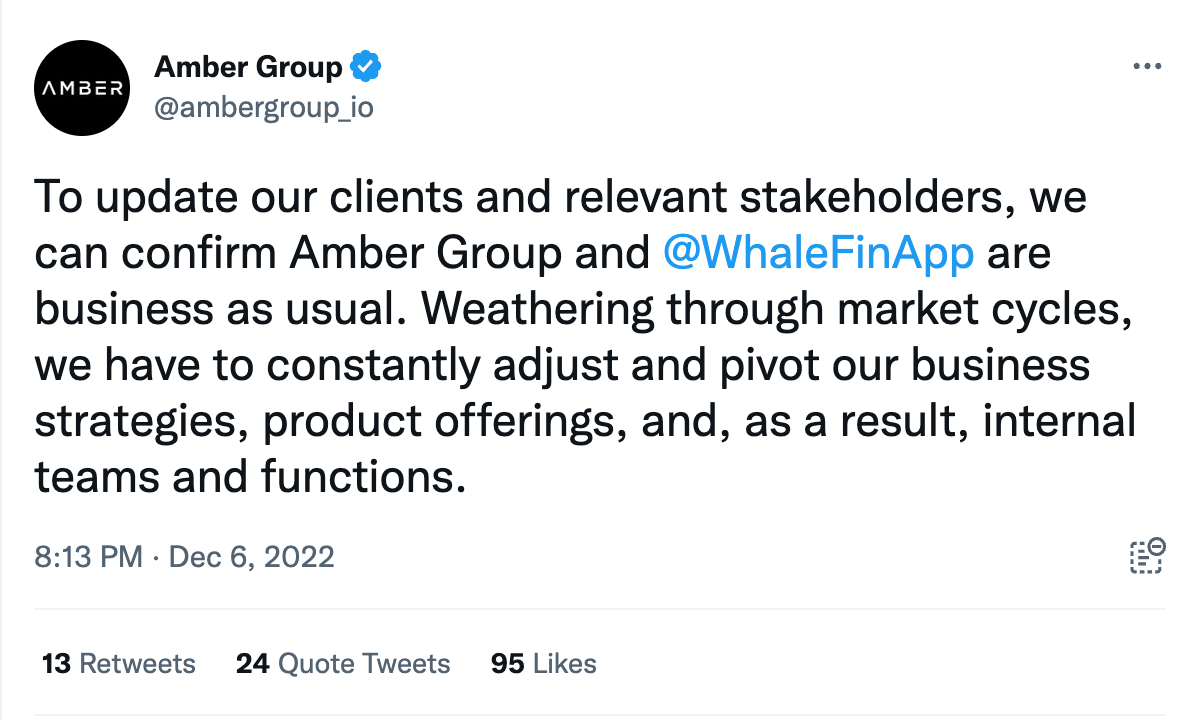 应对市场剧变，Amber Group进行战略和组织调整，业务运营未受影响