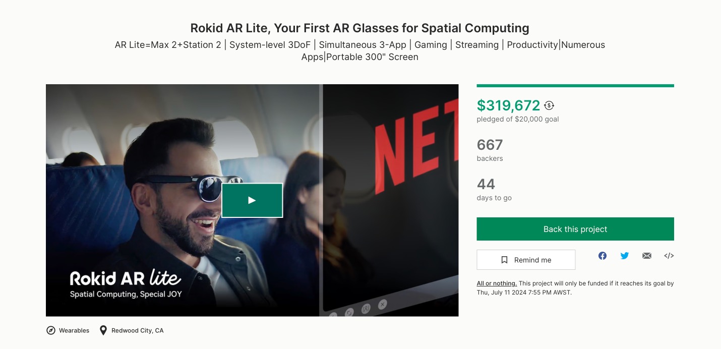 售价约3471元，Rokid AR Lite已众筹超230万元